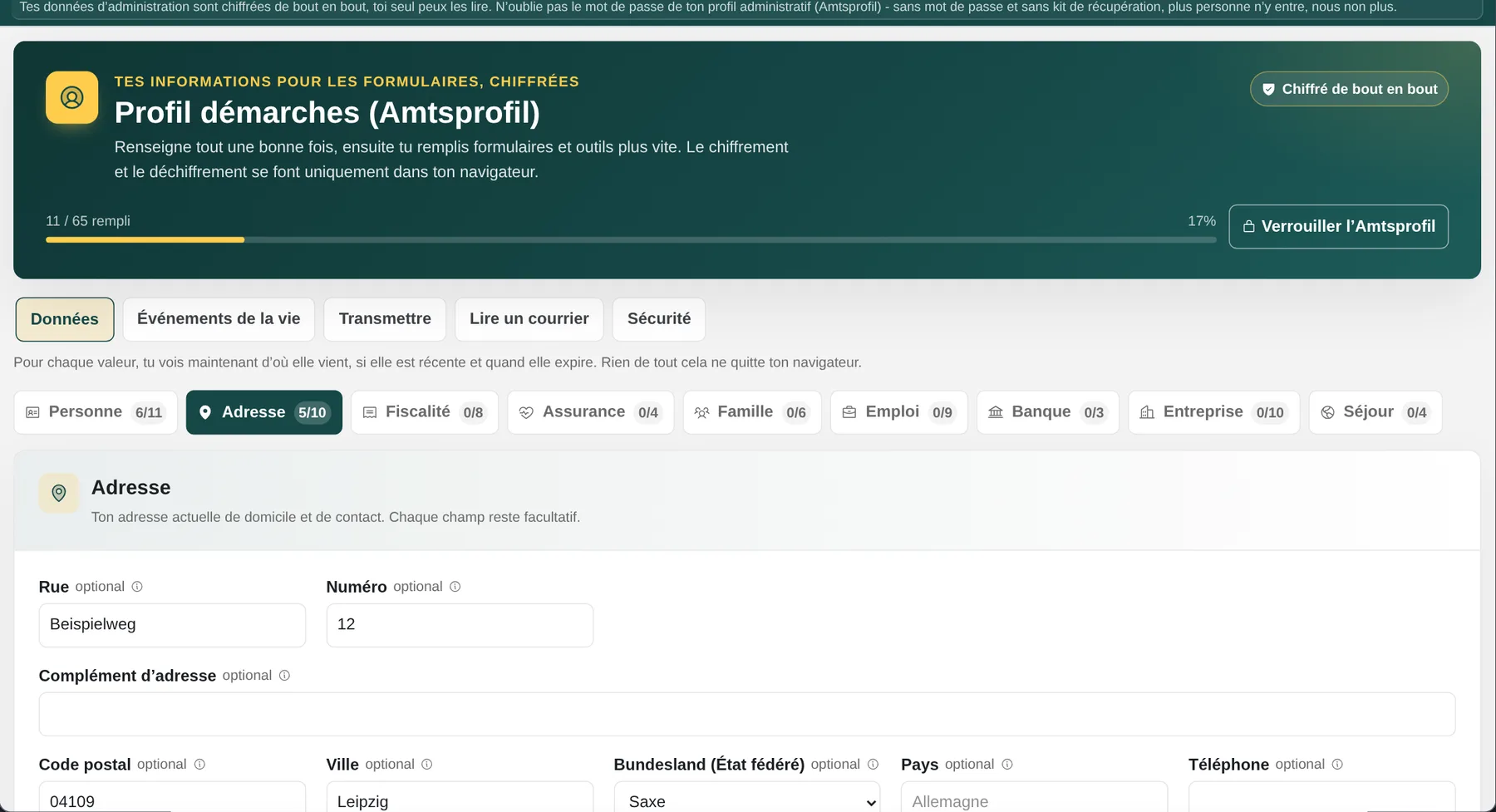 Amtsprofil: Ranger les informations. Une adresse. Pas dix papiers différents.