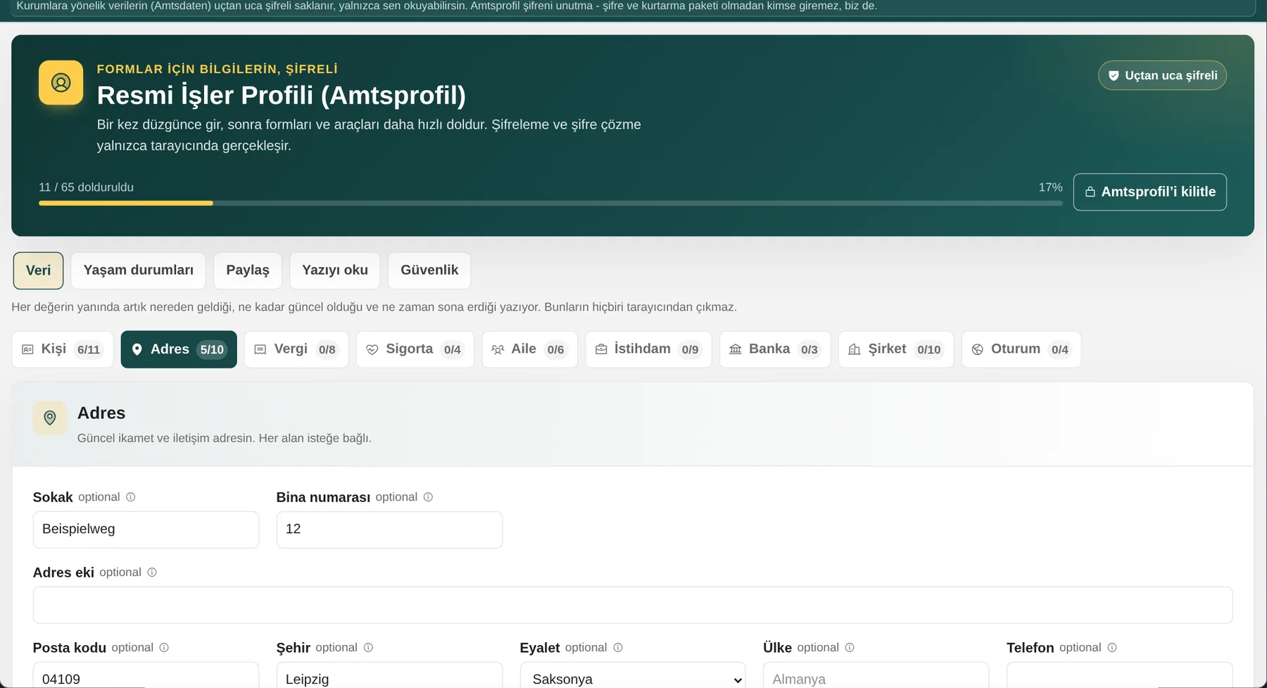 Amtsprofil: Bilgileri düzenle. Tek bir adres. On farklı not kâğıdı değil.