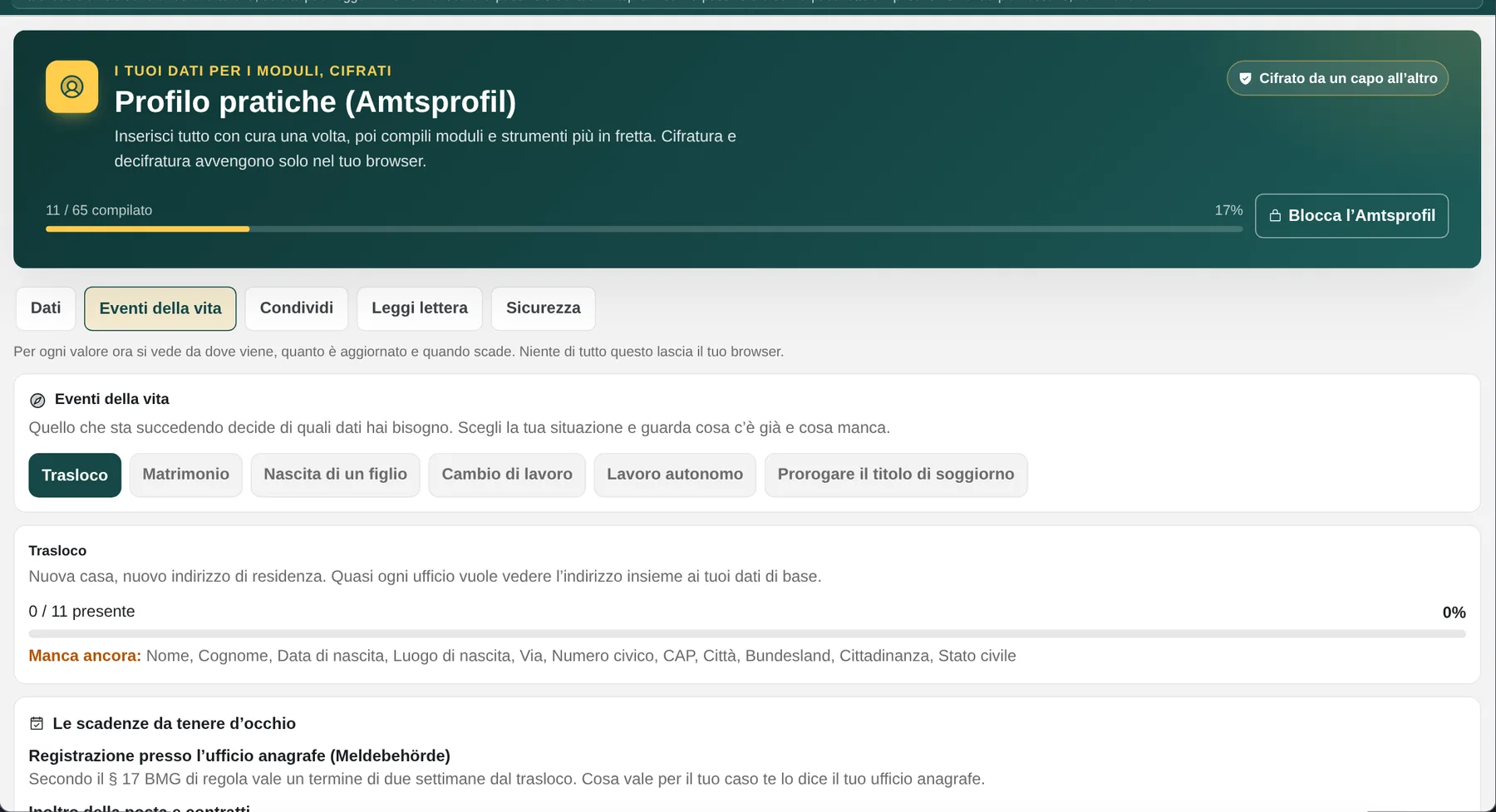 Amtsprofil: Guarda i prossimi passi. Un trasloco. Tanti dati. Un punto di partenza comune.