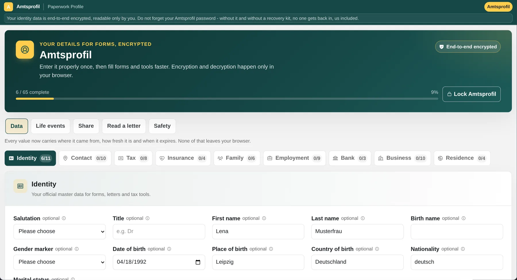 Amtsprofil: the real encrypted profile editor with synthetic sample data
